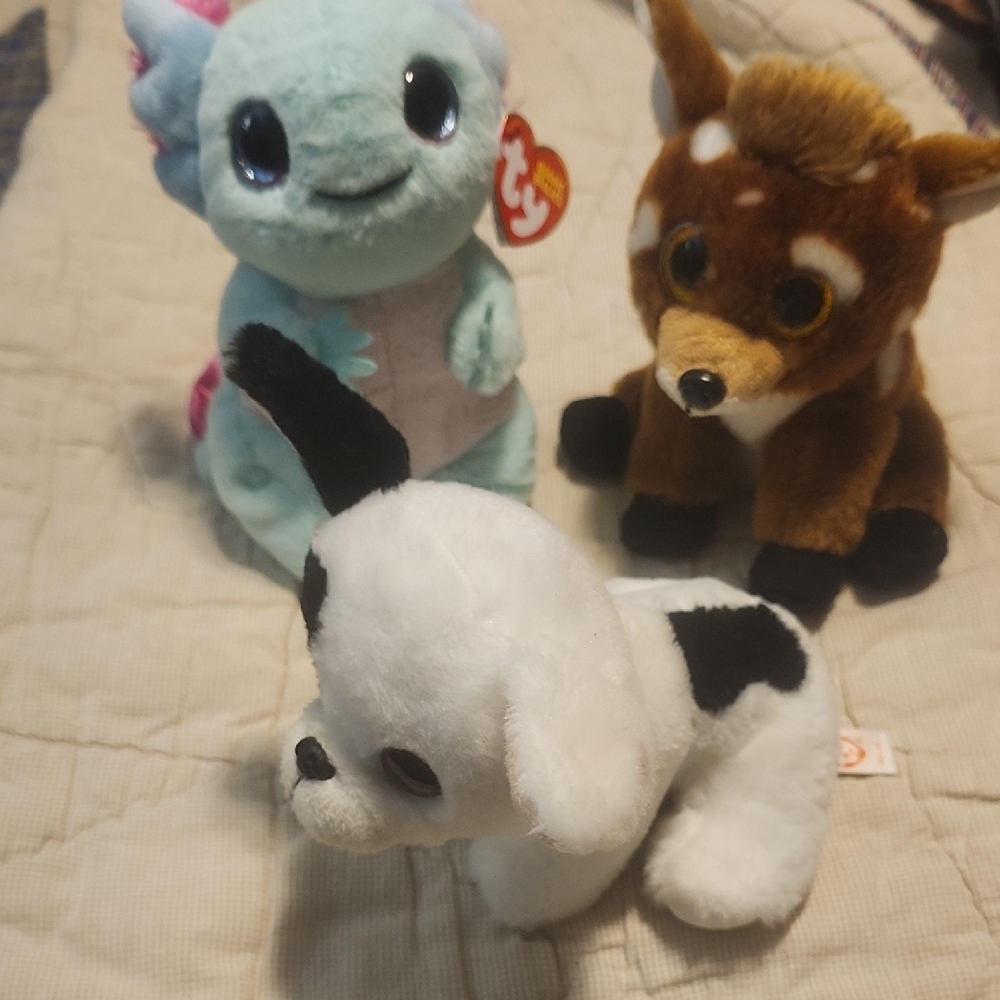 Ty Beanie Babies Plush Toy Trio - Blue Dragon, Brown Deer, White Dog